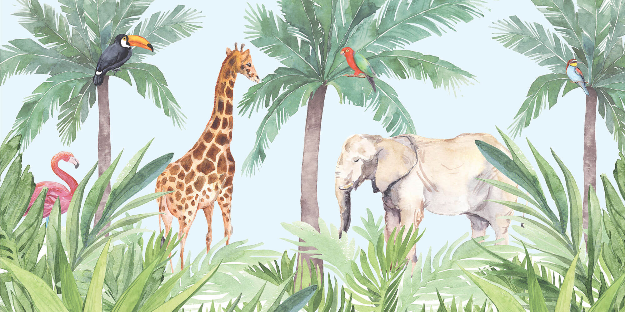 A whimsical watercolor illustration for a wallpaper design featuring a vibrant jungle scene with a towering giraffe, a majestic elephant, and a flamboyance of flamingos amidst lush tropical foliage. Vividly colored birds perch on palm trees under a serene sky.
