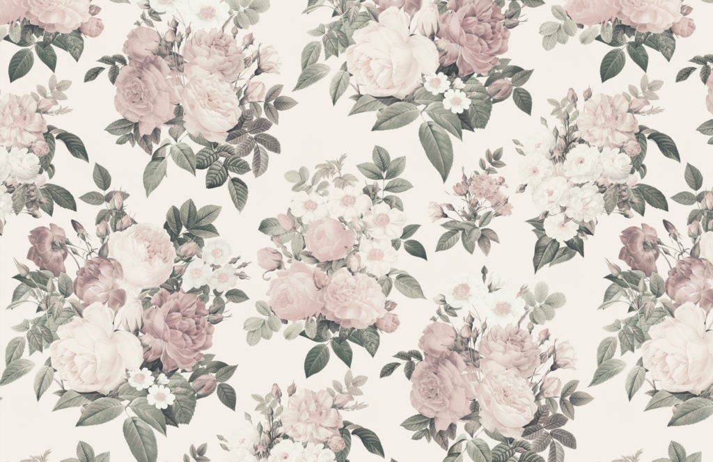 Cream & Pink Vintage Rose Floral Wallpaper Mural | Hovia
